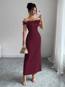 Elenzga Elegant Ruffle Off Shoulder Waist Cinched Romantic Dress For Women - Burgundy - View 2