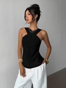 Elenzga Áo len dệt kim cổ chéo thiết kế tối giản, giản dị - màu đen - Xem 6