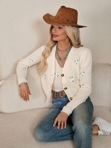SHEIN 花卉刺繡開襟衫和針織上衣 - 杏色 - 查看 7