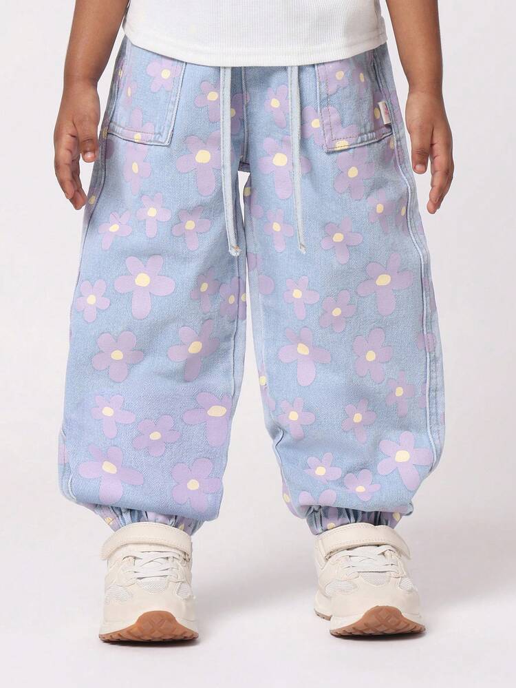 Floral Print Denim Cargo Pants With Elastic Ankles