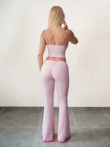 Sweetina 女士 2 件套蕾丝吊带背心和喇叭裤，女孩休闲装粉色喇叭裤套装蕾丝边两件套 - 粉色 - 查看 2