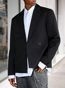 Manfinity Hypemode Men's Street Style Suit Blazer, Men's Fashionable Long Sleeve Blazer With Pocket Design, Excellent Gift For Men , Men Baggy Suit , Smart Casual , Black - Black - View 3