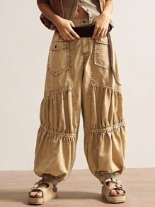 波西米亚风复古休闲纯色梭织宽松水洗女裤 - 摩卡棕 - 查看 6