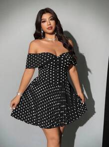 Viva Relle Plus Size Women's Elegant Romantic Off Shoulder Polka Dot Pleated Mini Dress