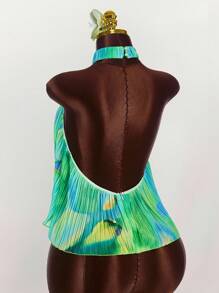 Amplova 花卉印花褶饰不对称下摆休闲背心 - 綠色 - 查看 2