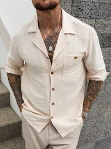Manfinity Homme Camisa de lino de unicolor casual para hombre con hebilla frontal, de manga larga y cuello, para salir, camisa abotonada beige, camisa cubana de lino para hombres, camisa de verano para hombres - Albaricoque - Ver 1