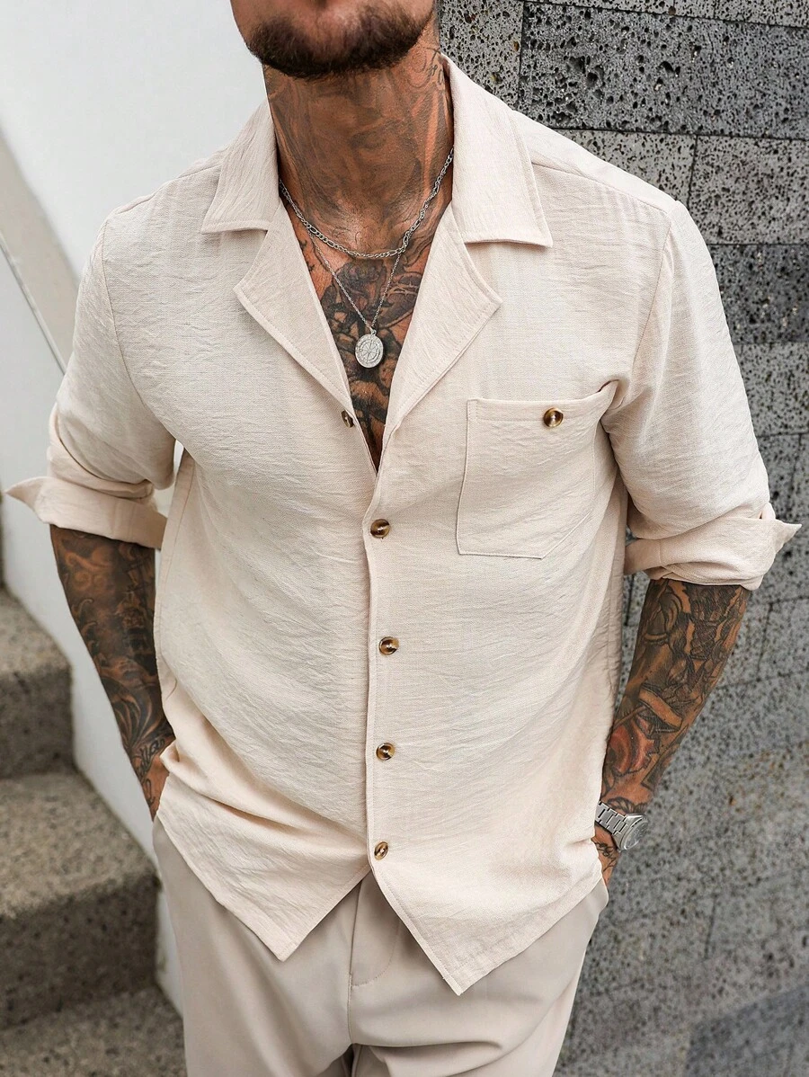 Manfinity Homme Camisa de lino de unicolor casual para hombre con hebilla frontal, de manga larga y cuello, para salir, camisa abotonada beige, camisa cubana de lino para hombres, camisa de verano para hombres - Albaricoque - Ver 1