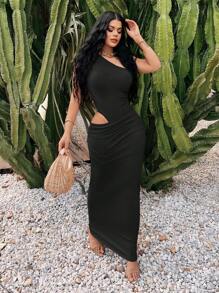 SHEIN SXY Váy maxi dài không tay khoét eo thanh lịch màu mơ trơn dành cho nữ, phù hợp cho kỳ nghỉ hè, hẹn hò, sinh nhật, tiệc tùng, tốt nghiệp, đảo, bãi biển - màu đen - Xem 4