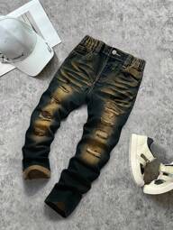 SHEIN Young Boys Fall And Winter Vintage Street Cool Style Distressed Casual Simple Base Dark Blue Denim Ripped Frayed High Elasticity Skinny Jeans ,New Product,Boys Back To School Clothes,Kids Clothes And Boys Streetwear Outfits, Ripped Jeans For Boys, Boys Ripped Jeans, Stacked Boys Jeans, Cool Jeans For Boys