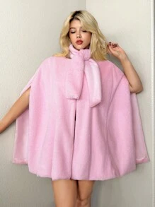 Sweetina Oversized Faux Fur Cloak Coat, Solid Color Fluffy Fashion Jacket In Fall/Winter - Pink - View 6