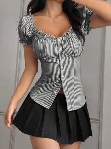 Zielony Women's Casual Striped Ruffle Trim Button Front Shirt, Summer Gray Top Women Tops Short Sleeve Tops Striped Top Square Neck Tops