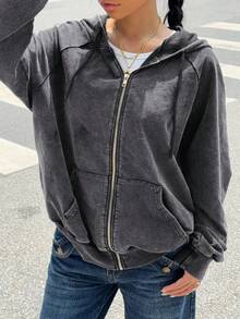 LYSMO Women's Casual Grey Acid-Washed Zip Up Hoodie Sweatshirt, Autumn Cotton - Grey - View 4