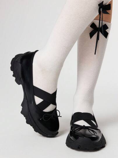 Goth Women's Bowknot Round Toe Chunky Sole Ballet Flats, PU Material, Black Color With Buckle Design, Suitable For Sports, Graduation, Photography