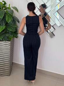 Andrea Bello 宽松条纹背心西装裤套装，海军蓝女士西装两件套，办公室女装套装，复古款，两件套，轻松时尚必备，办公室女士，商务装，教师装，秋季女装两件套 24 FW - 彩色 - 查看 2