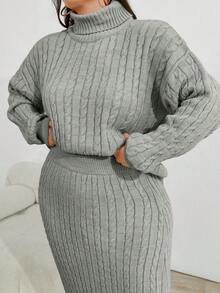 SHEIN Cottnline Cable Knit Turtleneck Sweater And Skirt 2 Pieces Set - Light Grey - View 6
