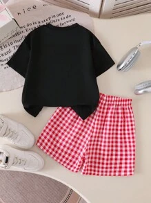 SHEIN 返校季铅笔画印花女童可爱时尚黑色短袖印花上衣搭配舒适格子短款T恤套装，春夏女童夏季服装，女童格子套装，女童方格套装，女童短袖套装，夏季女童服装 - 黑色 - 查看 2