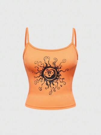 Hippie Canotta aderente casual da donna con stampa sole e luna