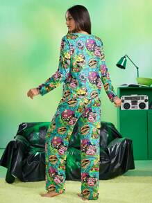 MADBALLS X SHEIN Conjunto de Pijama Feminino com Top de Manga Longa e Calça com Estampa Engraçada, Roupas de Outono