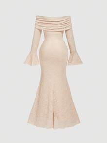 SHEIN MOD Plus Size Women's Apricot Lace Off Shoulder Elegant Maxi Dress, Suitable For New Year, Valentine's Day, Date, Party, Daily Commute, Elegant Vacation,Wedding Guest Dress Women