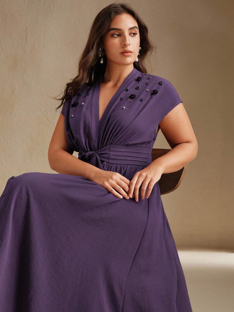 Anewsta Vestido de línea A con decoración de cuentas, de moda casual para mujer de talla grande, de verano - Morado Violeta - Ver 1