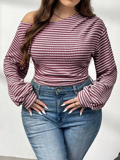 Firerie Plus Size Oblique Shoulder Long Sleeve T-Shirt, Pineapple Texture Long Sleeve, Asymmetric Autumn Women Tops Striped Long Sleeve Top Fall Tops For Women Striped Top Long Sleeve Fall Top Plus Size Tops Balloon Sleeve Top Off The Shoulder Top