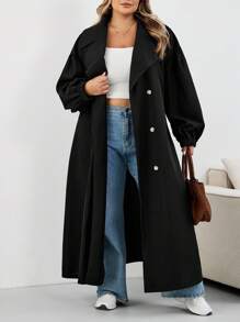 SHEIN CURVE+ Plus Size Women's Black Long Windbreaker, Black Long Sleeve Minimalist Casual Everyday Jacket Plus Size Trench Coat 8xl Women Coat Curve Trench Coat Plus Size Fall Coat,Fall Clothes For Womenfall Clothes For Women,Winter,CURVE PLUS Autumn - Black - View 4