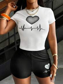 Rovax 夏日心形印花修身短款上衣和裙子套装，非常适合情人节和浪漫派对 - 黑與白 - 查看 5