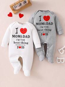 SHEIN 2 件套新生儿简约条纹爱心和英文字母印花长袖连体衣、睡衣套装 - 淺灰色 - 查看 4