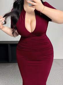 Flirla 大码女式V领纯色收腰侧开衩短袖紧身性感连衣裙，春季 - 酒紅色 - 查看 5