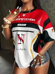 Rovax Maglietta da donna a maniche corte con scollo rotondo, tinta unita e dettagli a contrasto, maglietta da corsa fresca, maglietta per gare automobilistiche - Multicolore - Visualizzare 5