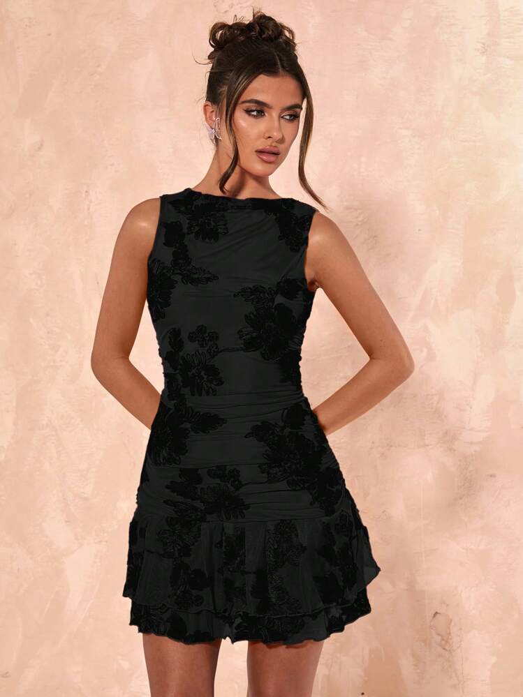 SHEIN BAE Women's Summer Vacation Elegant Textured Knit Fabric Double Layer Ruffle Hem Mini Dress,Beach Outfits For Woman,Concert Outfit Women,Brunch Outfits For Women,Beach Vacation Outfits,Festival Outfits For Women,Birthday Dress,Graduation Dress,Valentine's Day,Valentine Outfits For Women - Black - View 1