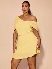 SHEIN BAE 大码女式绿色雪纺不对称网眼褶皱 A 字迷你连衣裙，春夏 - 黃色 - 查看 2