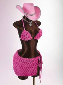 Amplova 女式性感毛茸茸吊带上衣和开衩迷你裙两件套 - 粉色 - 查看 5