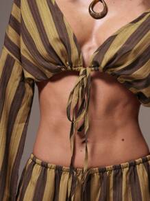 MUSERA 女士条纹系带长袖上衣，夏季度假海滩伊比沙岛春季款 - 棕色 - 查看 6