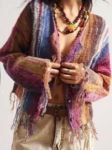 Bohemela Women's Casual Ombre Striped Fringe Hem Cardigan, Suitable For Autumn, Halloween, Christmas,Fall - Multicolor - View 5