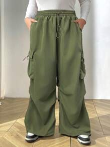 SHEIN CURVE+ 大码纯色抽绳腰阔腿休闲工装裤 - 軍綠色 - 查看 1