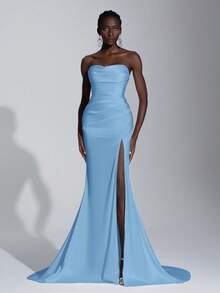 Elitara Váy cưới satin xẻ tà cao thanh lịch, không dây màu trơn dành cho nữ - Màu xanh nhạt - Xem 7