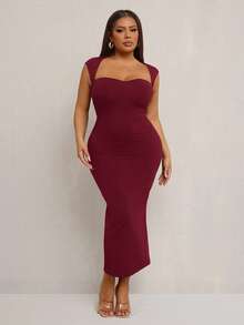 SHEIN SXY 大码女式优雅性感露背 T 领弹力针织修身中长连衣裙，适合婚礼季、浪漫狂欢节、度假、通勤、返校季、毕业典礼、约会、情人节、邮轮装束、单身派对装束、俱乐部、可爱、休闲、购物、街头服饰、外出、易于搭配且看起来苗条，凸显您的身材，修饰身材 - 酒紅色 - 查看 7