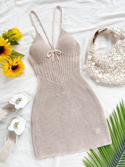 SHEIN Privé 女士优雅浪漫时尚通勤性感优雅风格连衣裙，适合派对、度假、浪漫约会和婚礼生日，镂空露背系带短款紧身针织连衣裙，米色