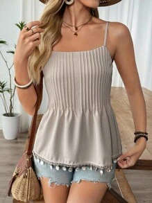 Breezaya Áo hai dây xếp ly ren trơn không tay mùa hè cho nữ - Màu be - Xem 3