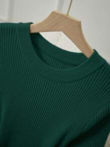 Franclia Đầm dệt kim cổ tròn tay ngắn xẻ tà trang trí thanh lịch dành cho nữ, quần áo len dệt kim mùa hè cho trường đại học - Màu xanh lá cây đậm - Xem 5