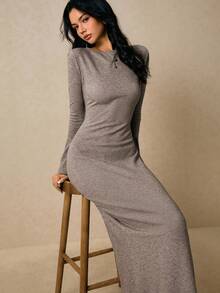 Poéselle Women's Dresses Knitted Dresses Backless Women's Long Dresses Long Sleeve Dresses Basic Dresses Lounge Dresses Brown Dresses Women's Solid Color Round Neck Raglan Sleeve Fitted Dress Fall Clothes For Women Autumn Clothes Fall Outfits For Women Women's Winter Clothes Fall Dresses For Women Winter Dress Women Dresses For Women Casual