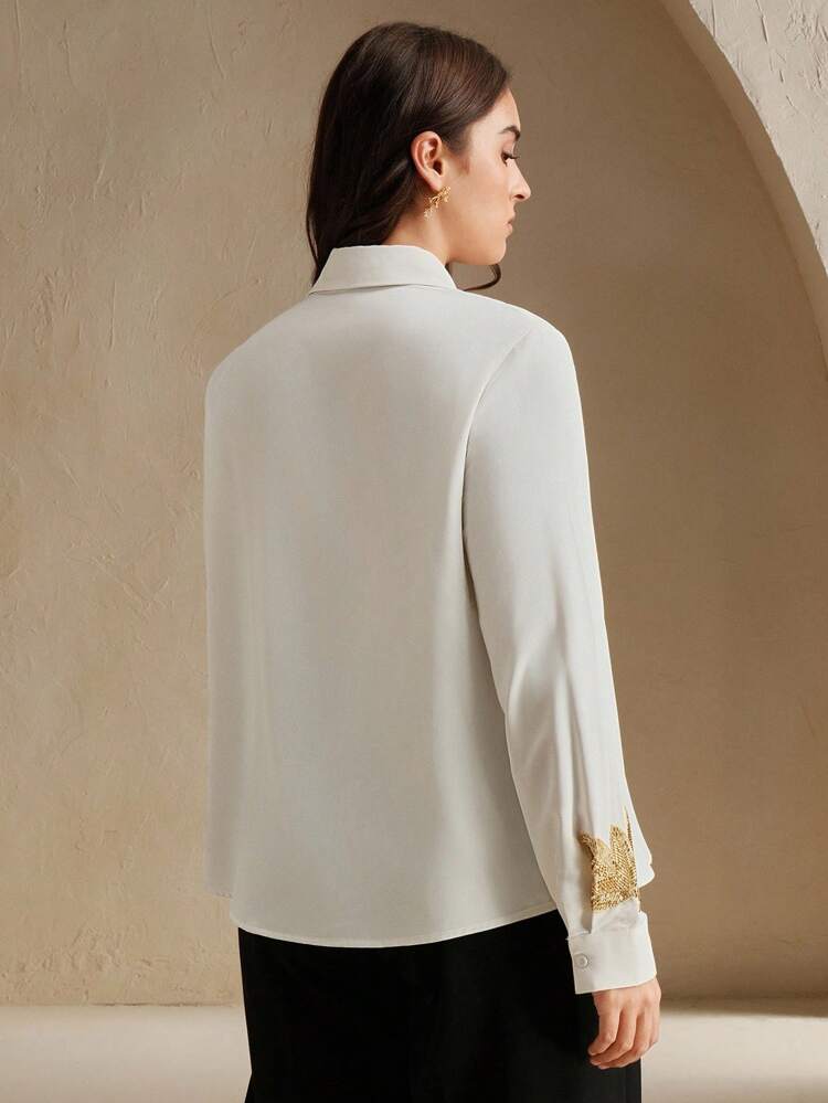 Anewsta Women Plus Size Elegant Long Sleeve Beaded Embroidery Pattern Blouse