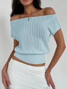 Aloruh 简约优雅露肩纹理针织修身腰女式T恤 - 淺藍色 - 查看 6