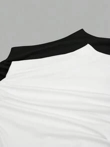 Sweetra Maglietta casual a maniche lunghe, slim fit, comoda, con collo a giro, tinta unita, per donne taglie forti - Bianco e nero - Visualizzare 10