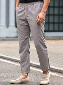 Manfinity VCAY 男士休闲梭织条纹中腰纽扣装饰锥形裤 - 彩色 - 查看 1