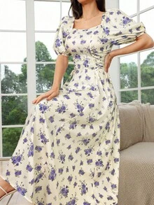 Modelyn Women's Floral Print Pleated Short Sleeve Arabian Dress With Square Neckline, Summer Cottagecore Dressmilkmaid Dressvintage Dress For Women - Blue - View 2