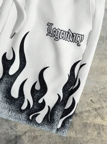 AXEPEAK 男士针织休闲短裤，足球风格，带火焰字母印花图案，火，情绪，2000 年代风格