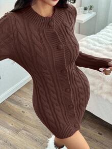 EURMUSE Weihnachts-Pelzkragen Zopfstrick Bodycon Pulloverkleid - Braun - Übersicht 7