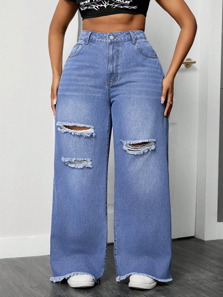 SHEIN EZwear 大码女式做旧口袋阔腿宽松休闲百搭牛仔裤